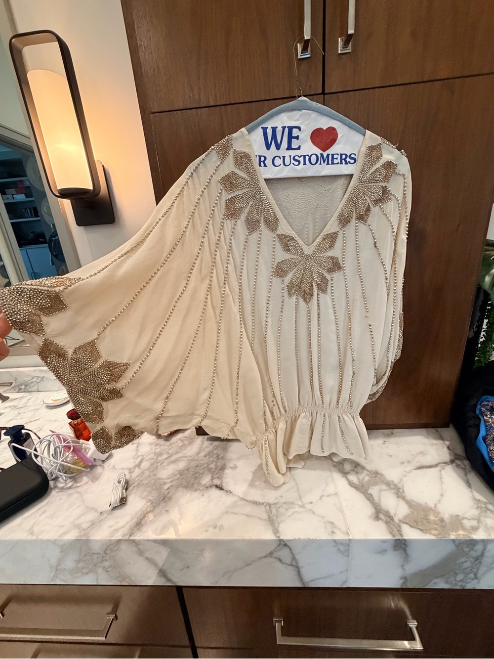 Embellished Cream V-Neck Batwing Women's Top